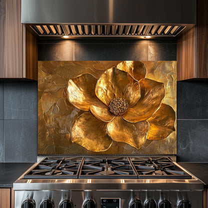 Golden Flower Tempered Glass Stove Backsplash: Rustic Kitchen Decor