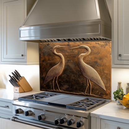 Heron copper-effect kitchen backsplash, heat-resistant wall protector, tempered glass backsplash, rustic kitchen decor, nature-inspired wall protector, easy clean kitchen backsplash