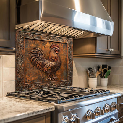 Vintage-inspired rooster kitchen backsplash made of tempered glass. This heat-resistant wall protector is easy to clean and brings a warm, rustic charm to farmhouse kitchens