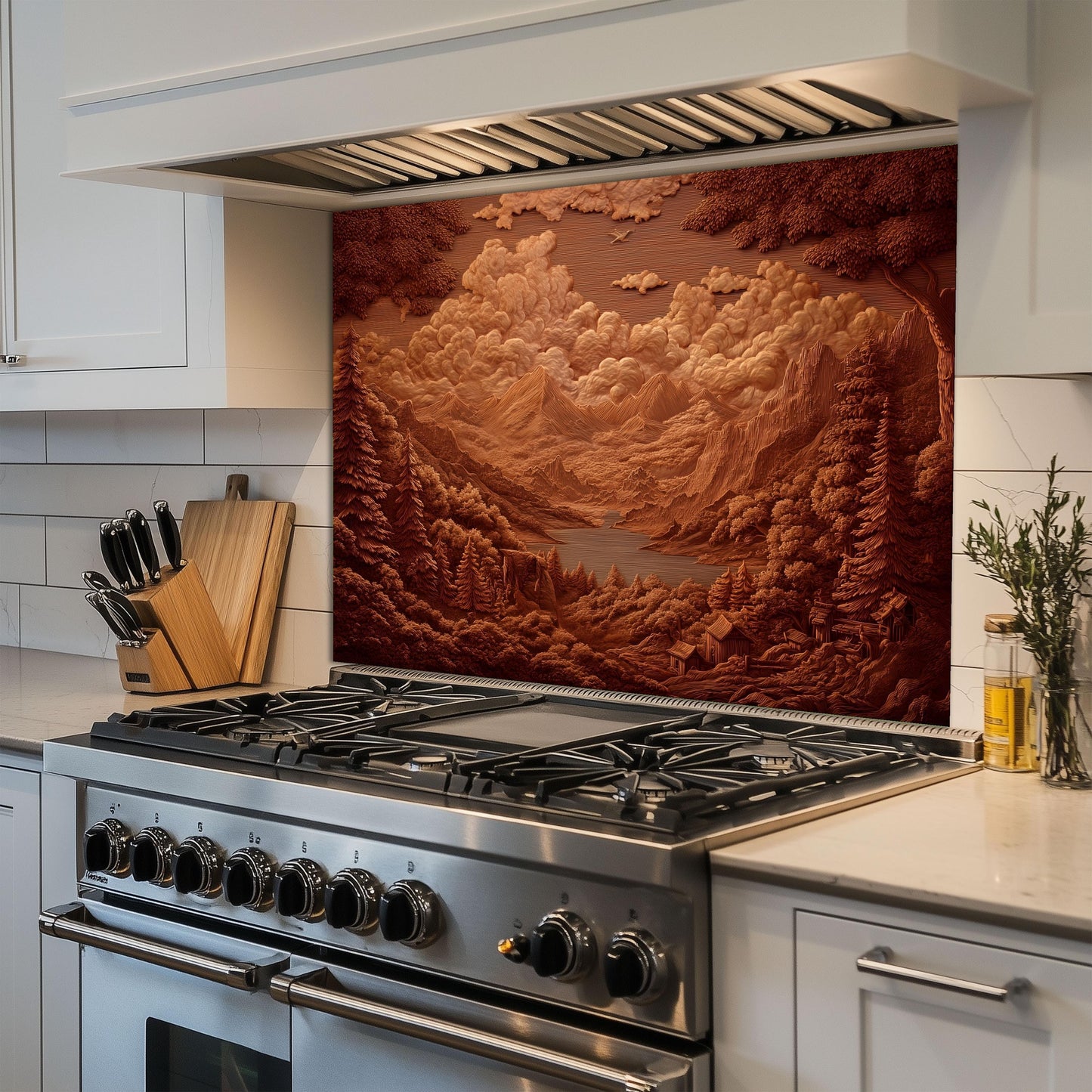 Sepia Mountain Landscape Tempered Glass Backsplash - Rustic Cabin Decor