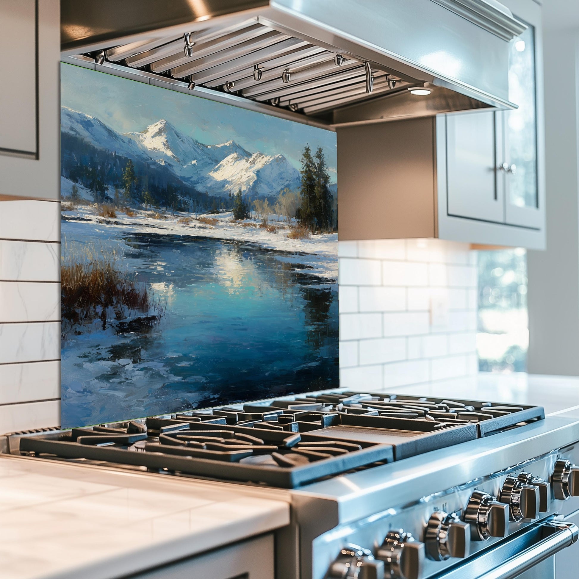 Winter Mountain Landscape Glass Backsplash: Tempered Glass Stove Panel
