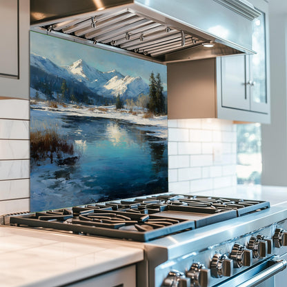 Winter Mountain Landscape Glass Backsplash: Tempered Glass Stove Panel