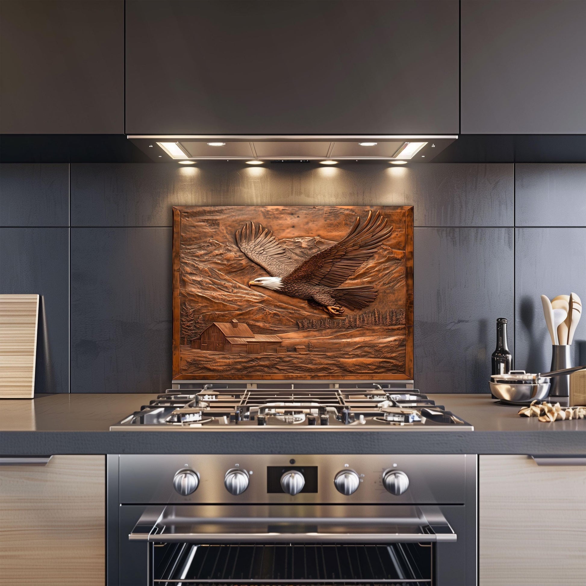Copper-effect eagle backsplash, heat-resistant tempered glass, easy clean kitchen wall protector, rustic farmhouse decor, mountain barn kitchen art