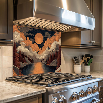 William Morris Style Glass Backsplash: Mountain Sunrise Kitchen Wall Art