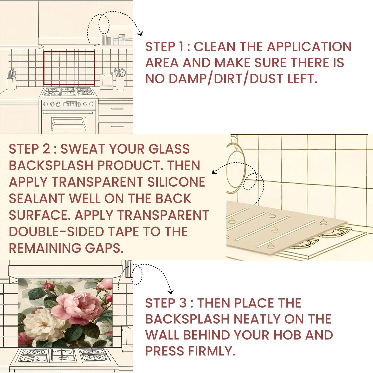 Vintage Floral Rose Kitchen Backsplash - Pink and White Peony Tempered Glass Stove Splashback