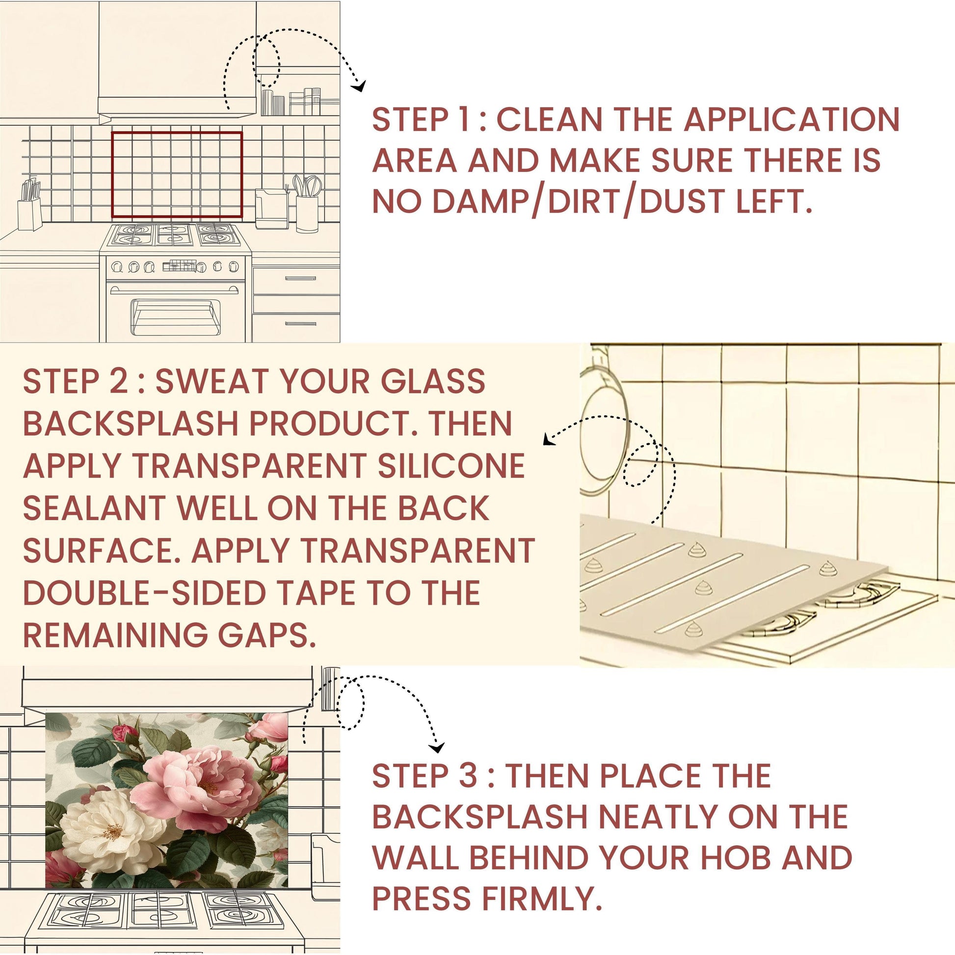 Vintage Floral Rose Kitchen Backsplash - Pink and White Peony Tempered Glass Stove Splashback