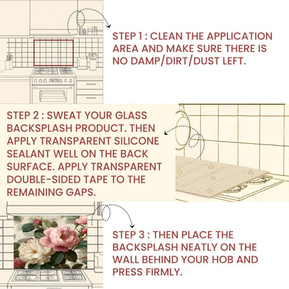 Vintage Floral Rose Kitchen Backsplash - Pink and White Peony Tempered Glass Stove Splashback