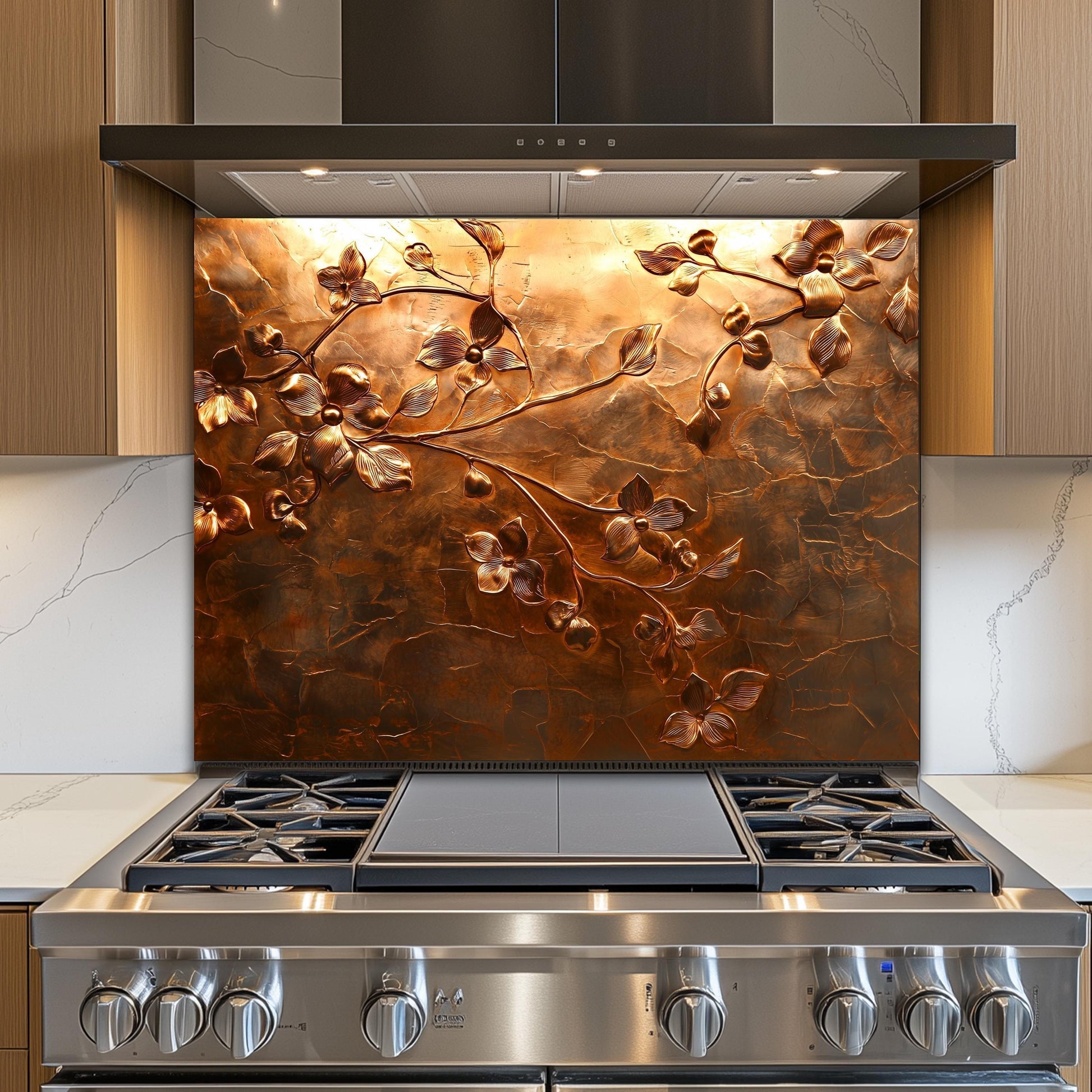 Embossed Flower Tempered Glass Kitchen Backsplash: Copper Heron Design