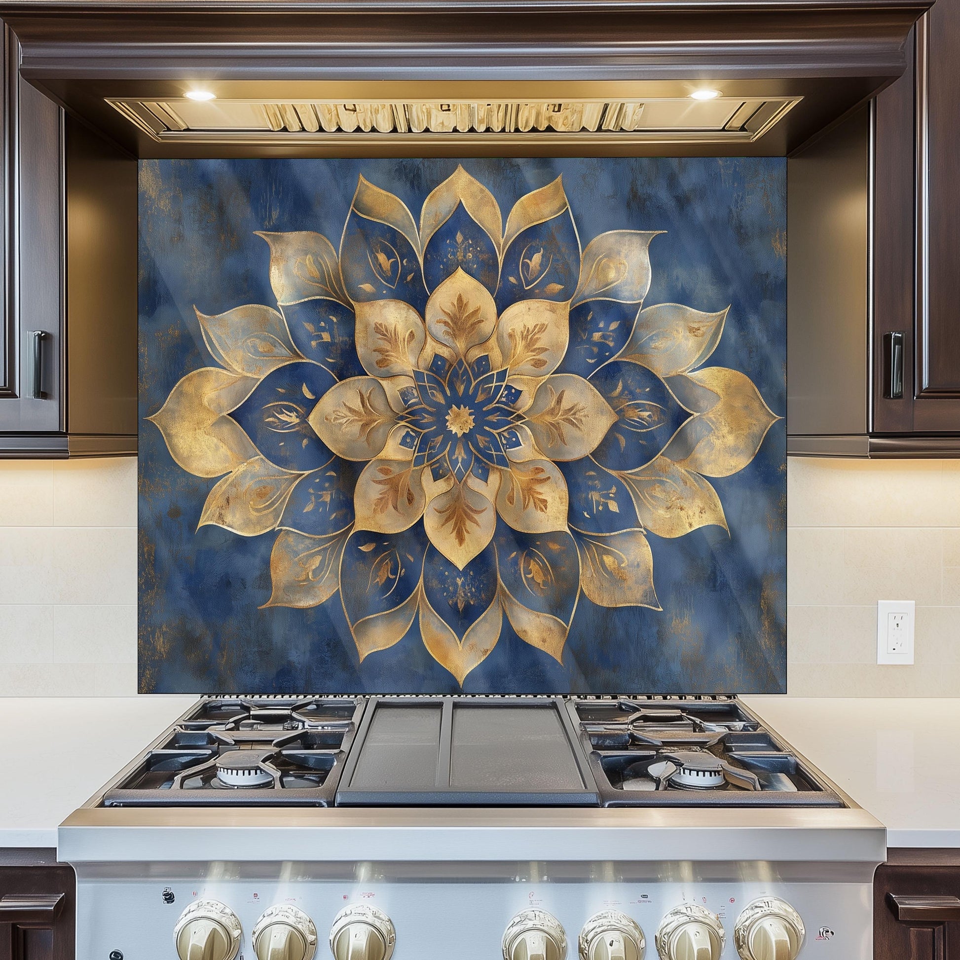 Moroccan Style Glass Backsplash, Blue Geometric Stove Guard, Heat Resistant Easy Clean Kitchen Art