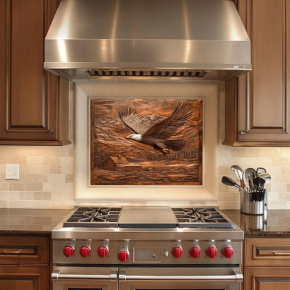 Eagle kitchen backsplash, rustic copper-effect design, heat-resistant wall protector, farmhouse kitchen art, mountain landscape decor