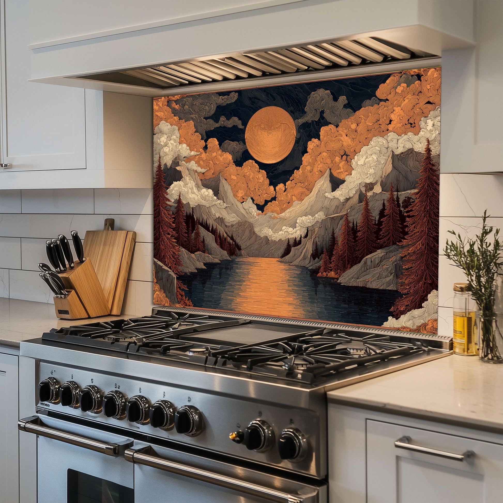 William Morris Style Glass Backsplash: Mountain Sunrise Kitchen Wall Art