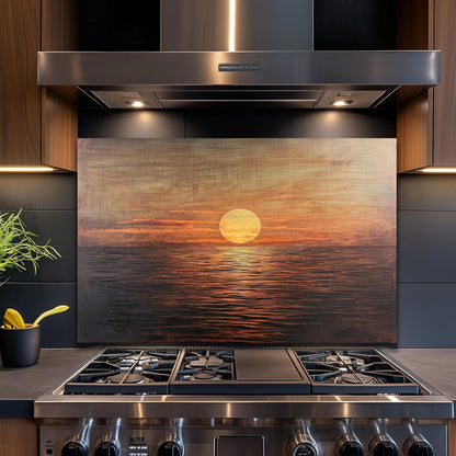 Sunset Ocean Glass Backsplash, Coastal Sea Landscape Stove Guard, Heat Resistant Easy Clean Art