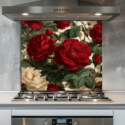 Bold Red Rose Tempered Glass Backsplash - Vintage Botanical Floral Kitchen Splashback