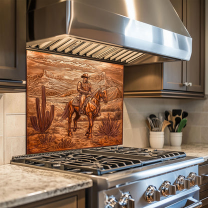 Rustic cowboy backsplash, copper-effect design, heat-resistant tempered glass, easy clean kitchen wall protector, Western wall decor, stove protector