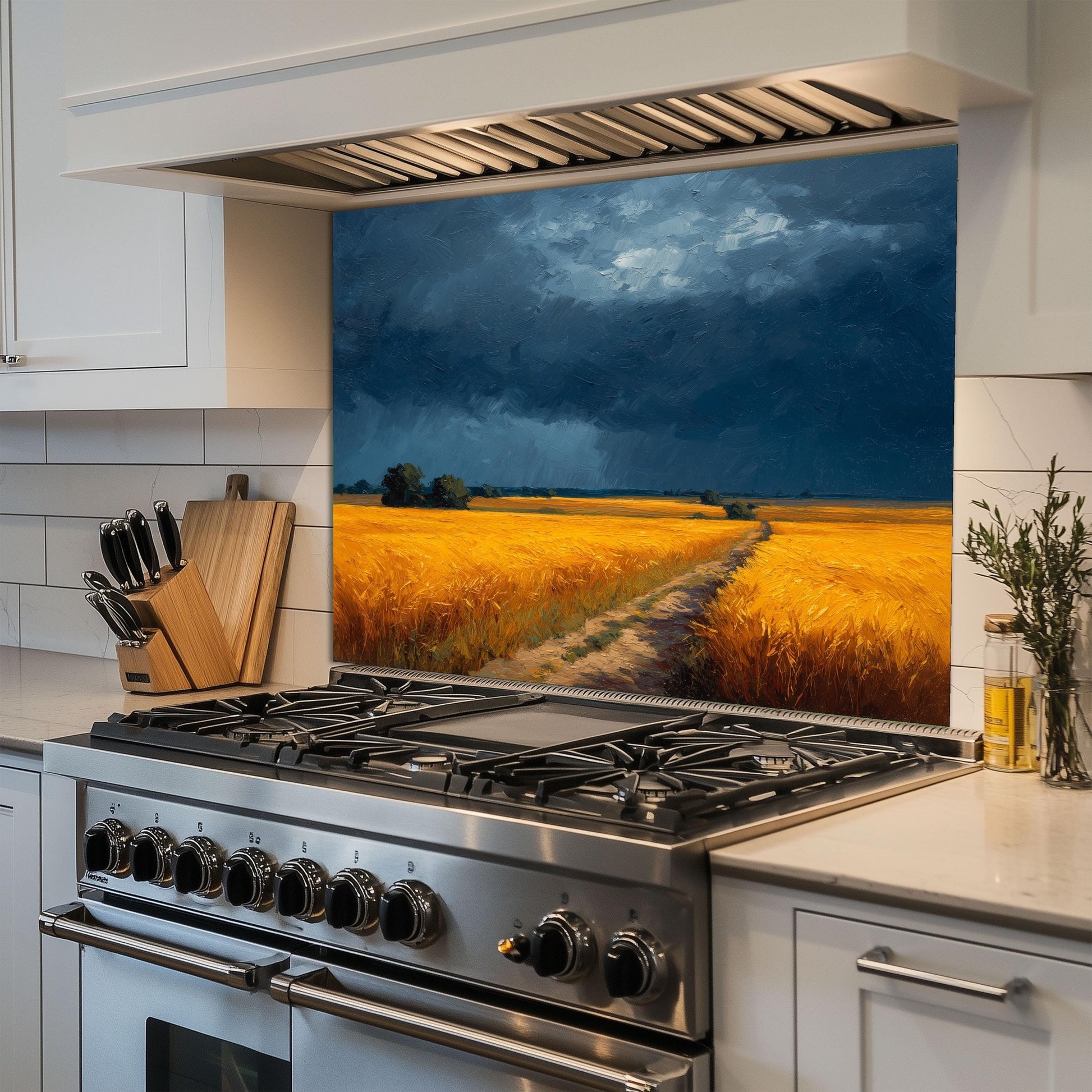 Golden Wheat Field Tempered Glass Backsplash: Farmhouse Kitchen Wall Art