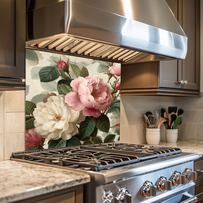 Vintage Floral Rose Kitchen Backsplash - Pink and White Peony Tempered Glass Stove Splashback