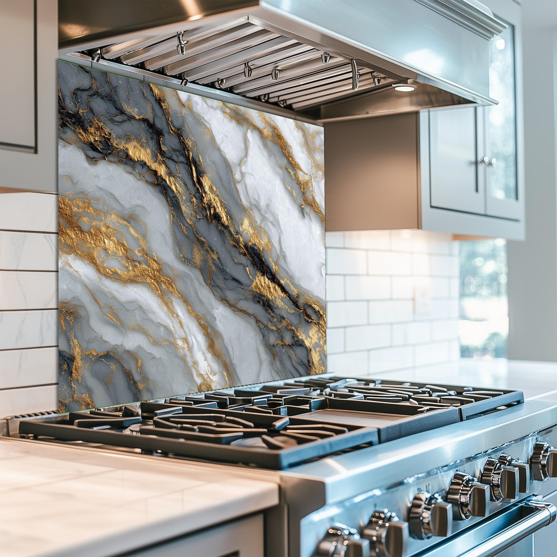 Black Gold Marble Glass Backsplash, Luxury Stone Stove Guard, Heat Resistant Easy Clean Art