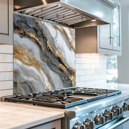 Black Gold Marble Glass Backsplash, Luxury Stone Stove Guard, Heat Resistant Easy Clean Art