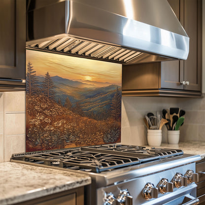 Copper effect kitchen wall protector, mountain landscape design, heat-resistant tempered glass, easy clean kitchen backsplash, nature-inspired kitchen decor, rustic stove backsplash