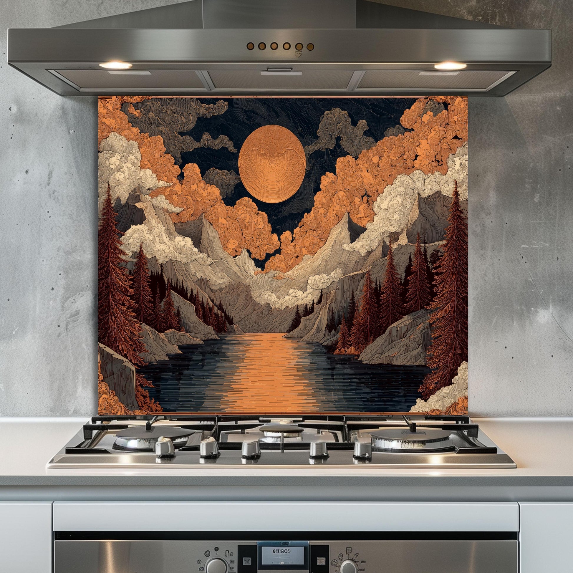 William Morris Style Glass Backsplash: Mountain Sunrise Kitchen Wall Art