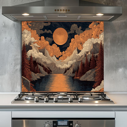 William Morris Style Glass Backsplash: Mountain Sunrise Kitchen Wall Art