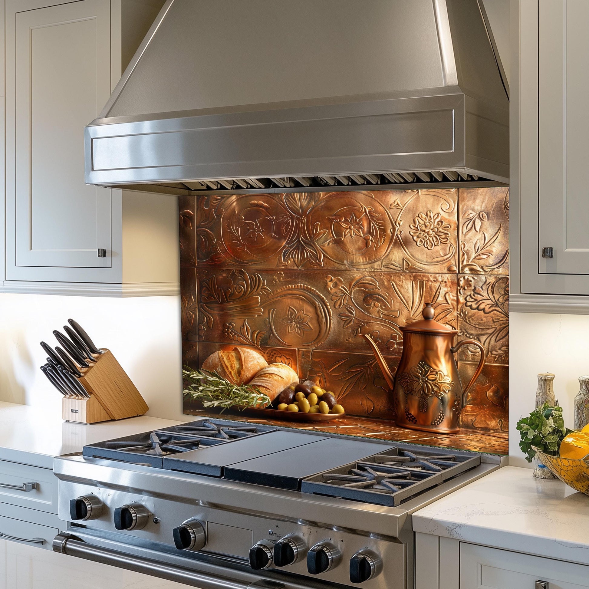 Tempered glass kitchen backsplash, copper effect bread and olive design, heat-resistant kitchen wall protector, rustic farmhouse kitchen decor, easy clean stove backsplash, Mediterranean wall art, vintage style wall protector