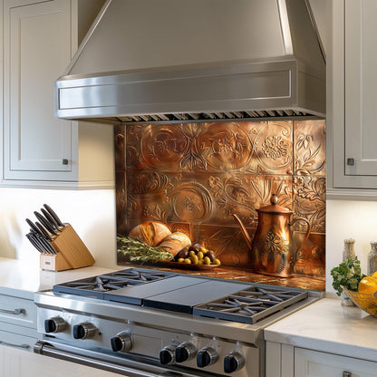 Tempered glass kitchen backsplash, copper effect bread and olive design, heat-resistant kitchen wall protector, rustic farmhouse kitchen decor, easy clean stove backsplash, Mediterranean wall art, vintage style wall protector