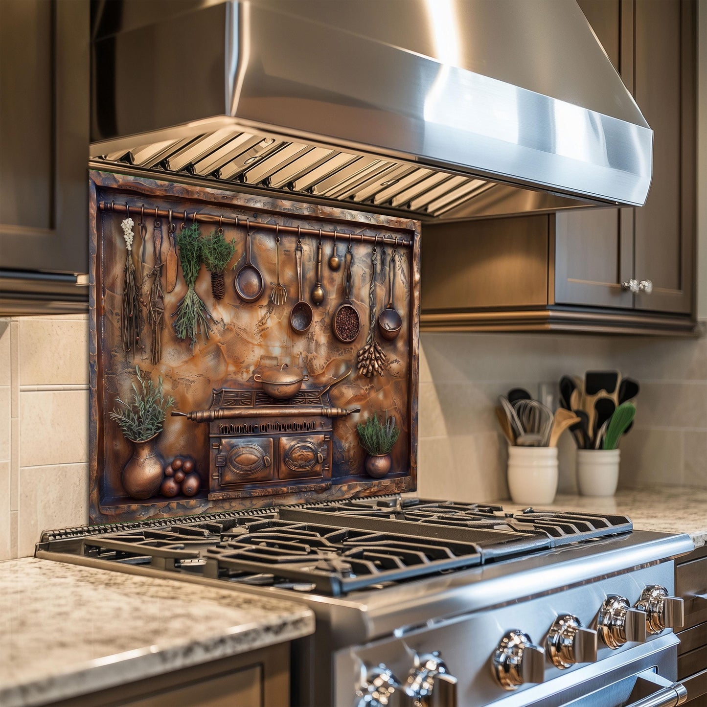 Tempered glass kitchen wall protector, rustic utensils and herbs design, copper effect, heat-resistant kitchen backsplash, vintage kitchen wall decor, easy clean backsplash panel