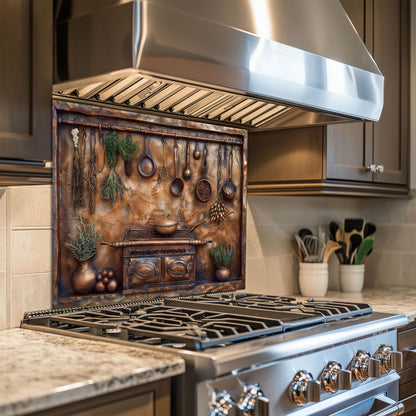 Tempered glass kitchen wall protector, rustic utensils and herbs design, copper effect, heat-resistant kitchen backsplash, vintage kitchen wall decor, easy clean backsplash panel