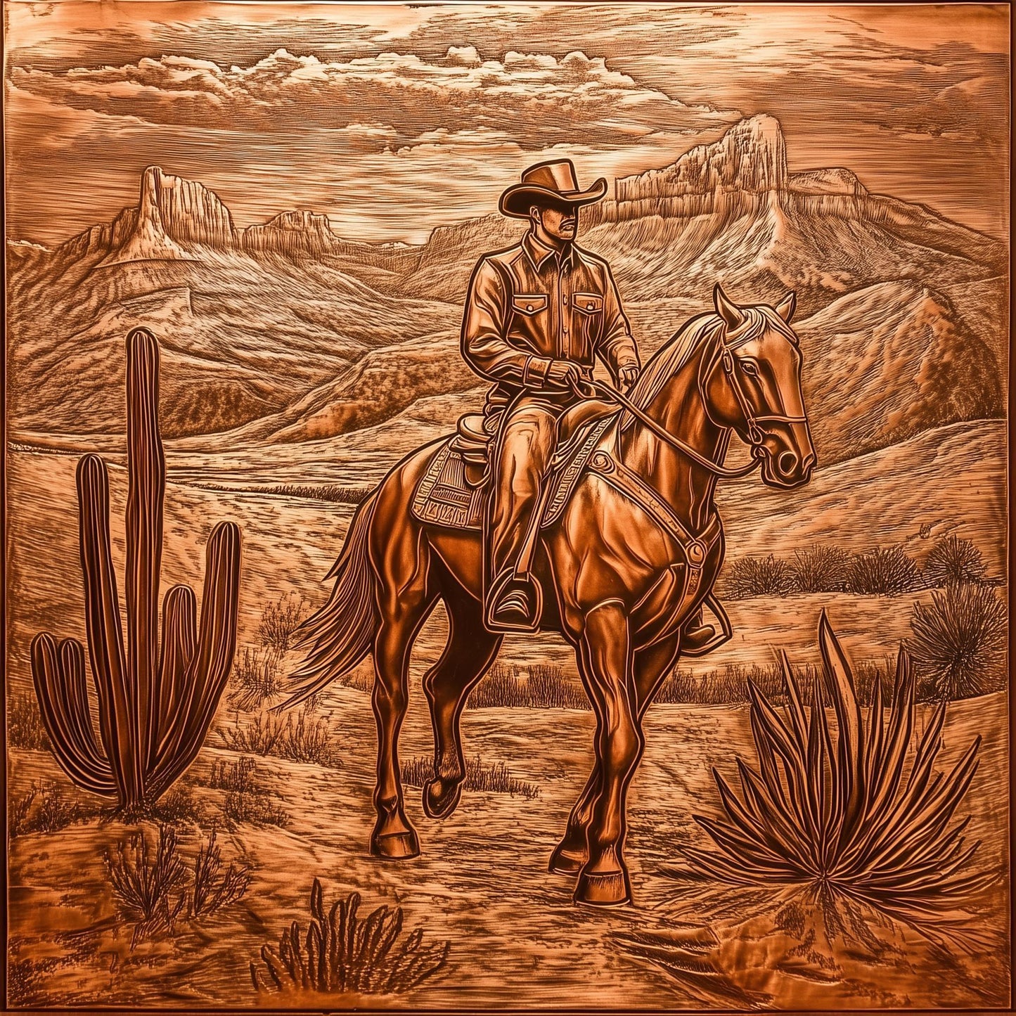 Copper Cowboy Glass Backsplash, Rustic Western Stove Guard, Heat Resistant Easy Clean Kitchen Art