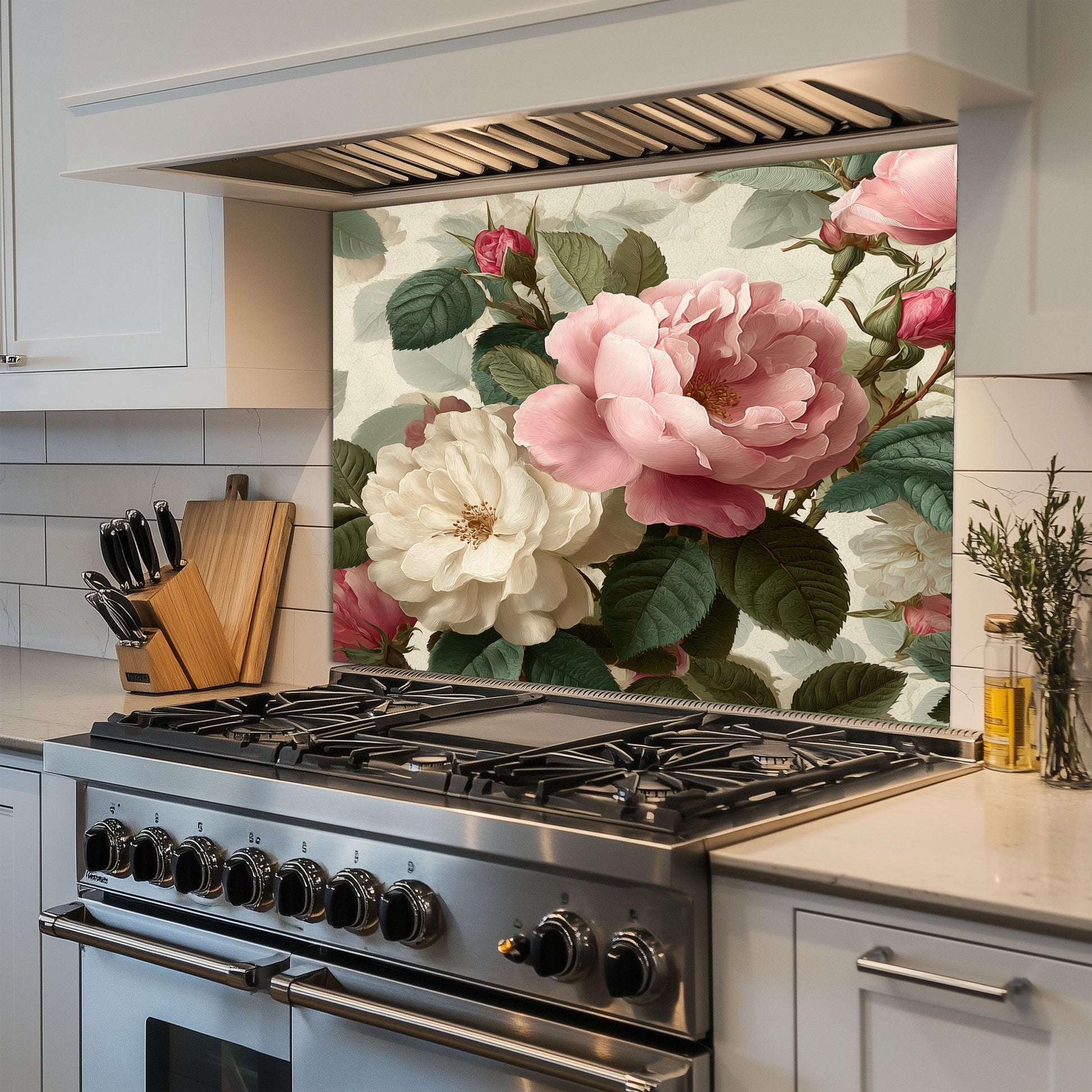 Vintage Floral Rose Kitchen Backsplash - Pink and White Peony Tempered Glass Stove Splashback