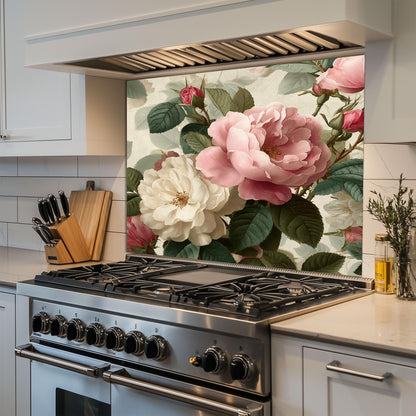 Vintage Floral Rose Kitchen Backsplash - Pink and White Peony Tempered Glass Stove Splashback