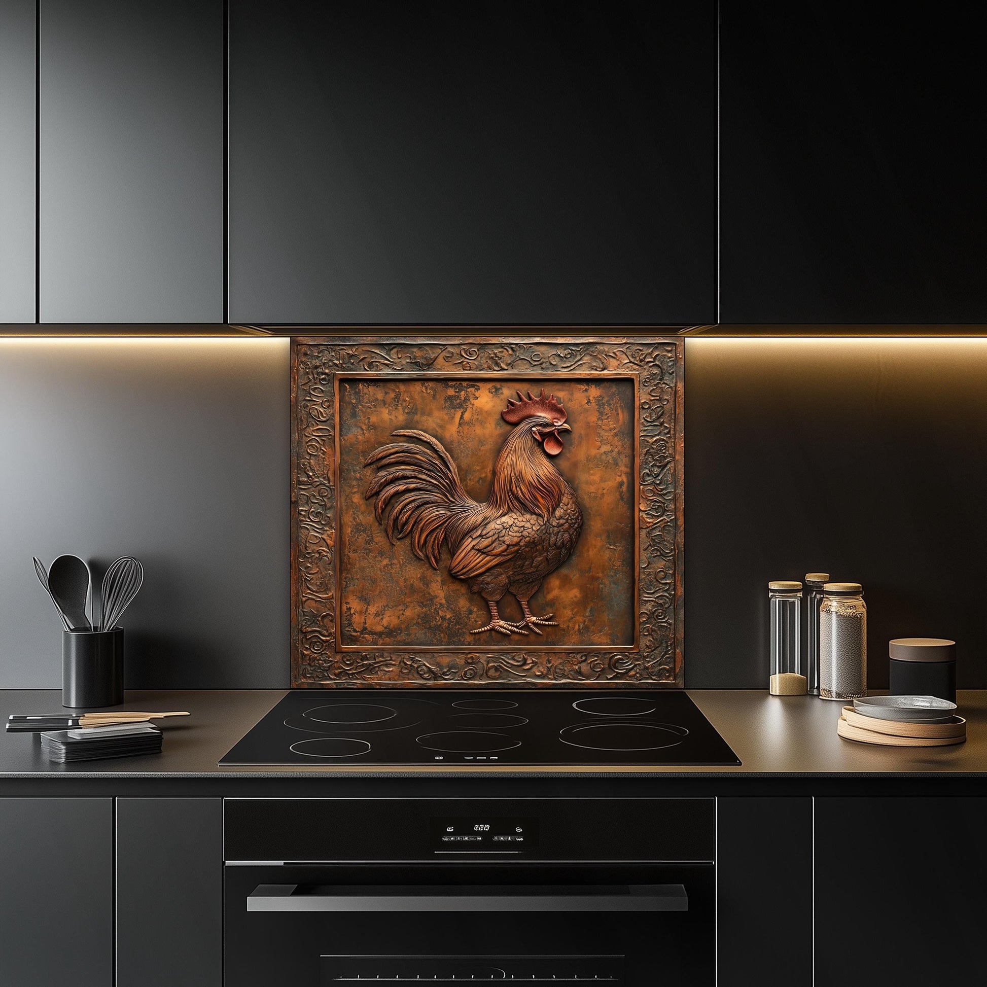 Farmhouse kitchen backsplash in tempered glass with a classic rooster design. This heat-resistant wall protector is easy to maintain and ideal for adding rustic style and charm to your kitchen decor