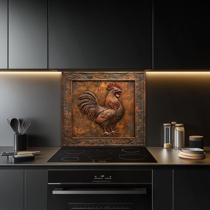 Farmhouse kitchen backsplash in tempered glass with a classic rooster design. This heat-resistant wall protector is easy to maintain and ideal for adding rustic style and charm to your kitchen decor