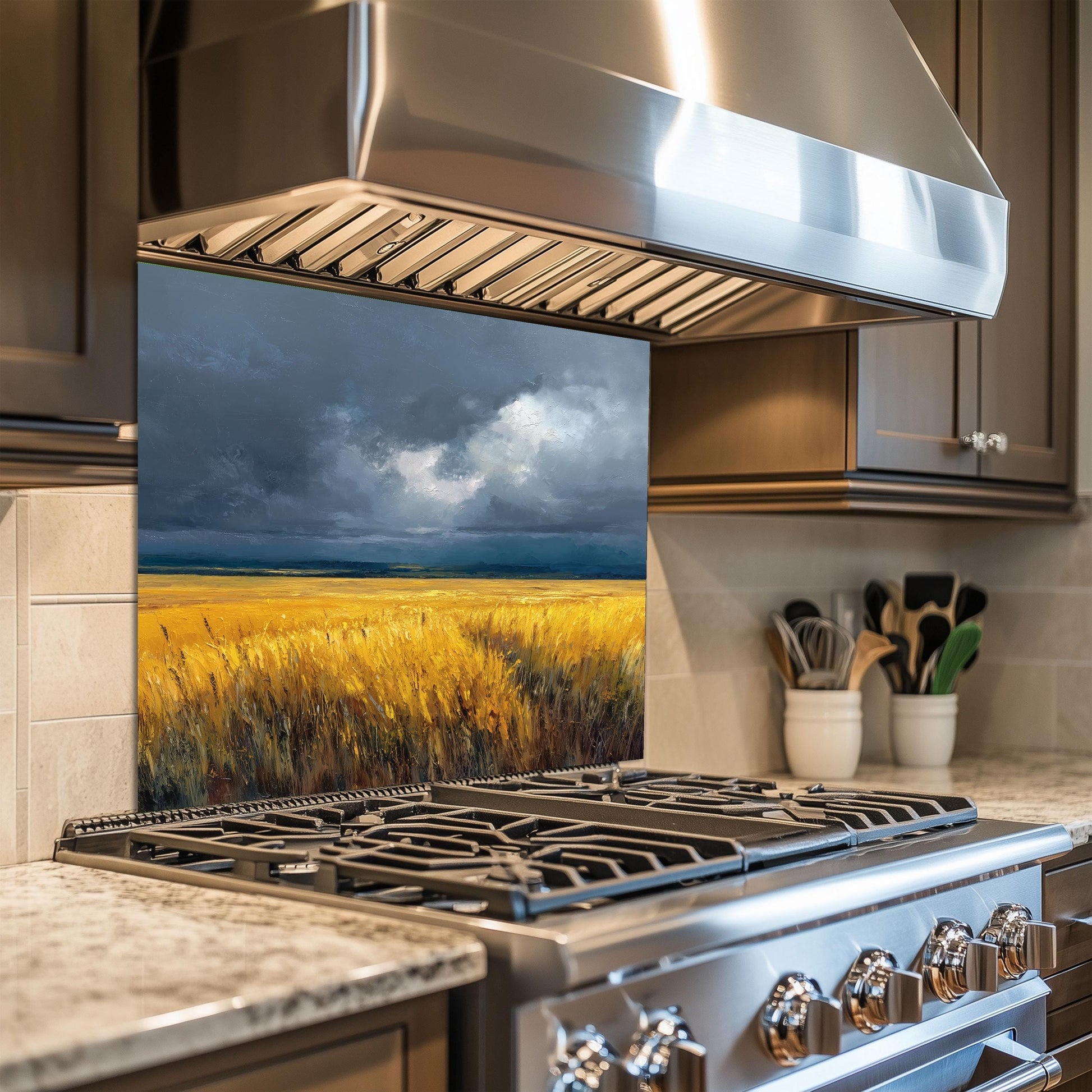 Wheat Field Glass Backsplash, Rustic Farmhouse Stove Guard, Heat Resistant Easy Clean Kitchen Art