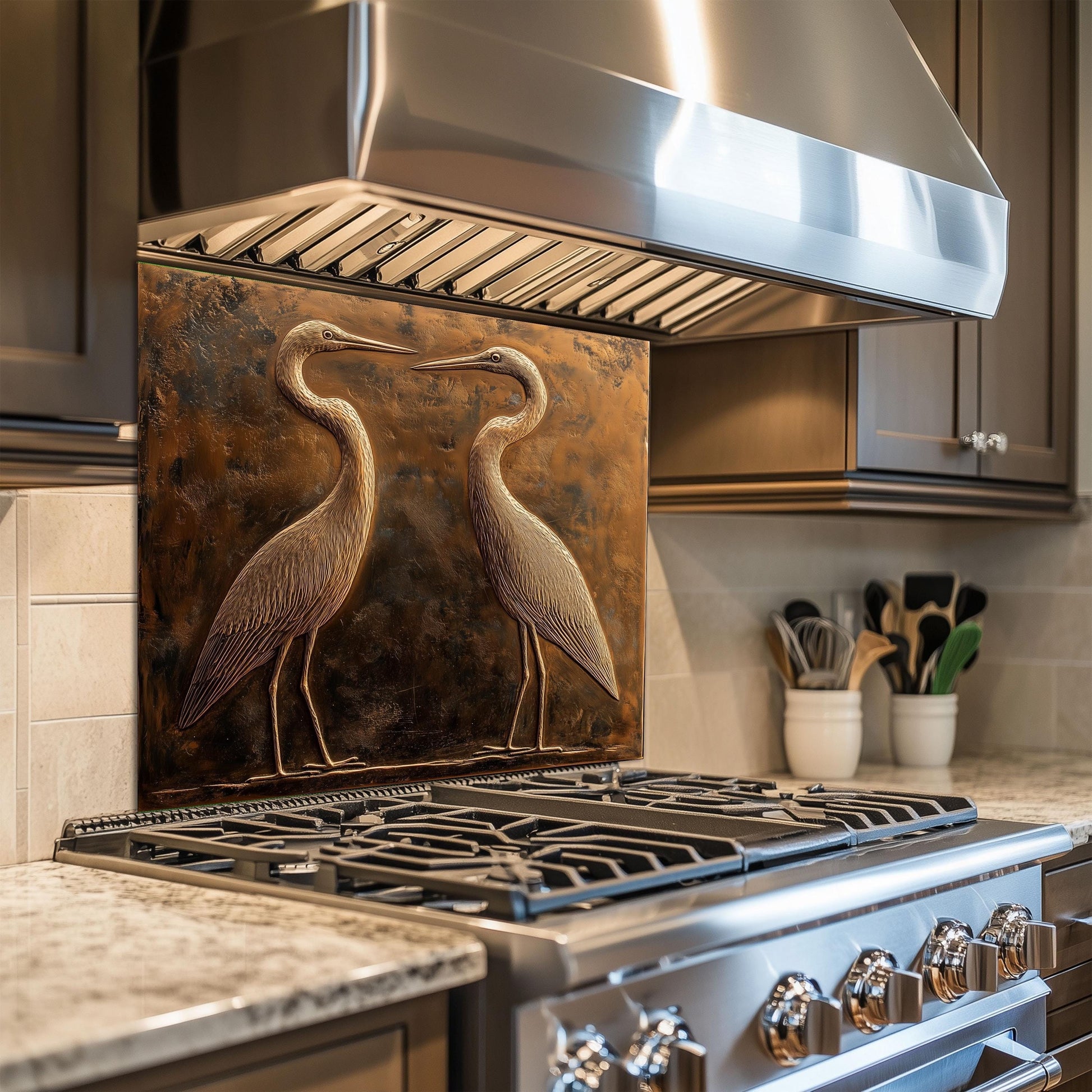 Tempered glass kitchen backsplash, copper heron design, heat-resistant wall protector, easy clean stove wall protector, rustic kitchen art, nature-themed wall decor