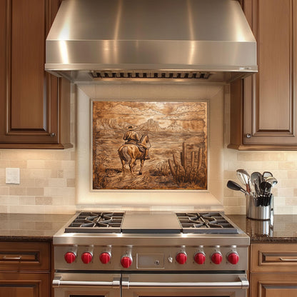 Heat-resistant cowboy backsplash, rustic copper kitchen wall protector, easy clean backsplash, Western kitchen decor, cowboy kitchen art, stove protector, kitchen wall art