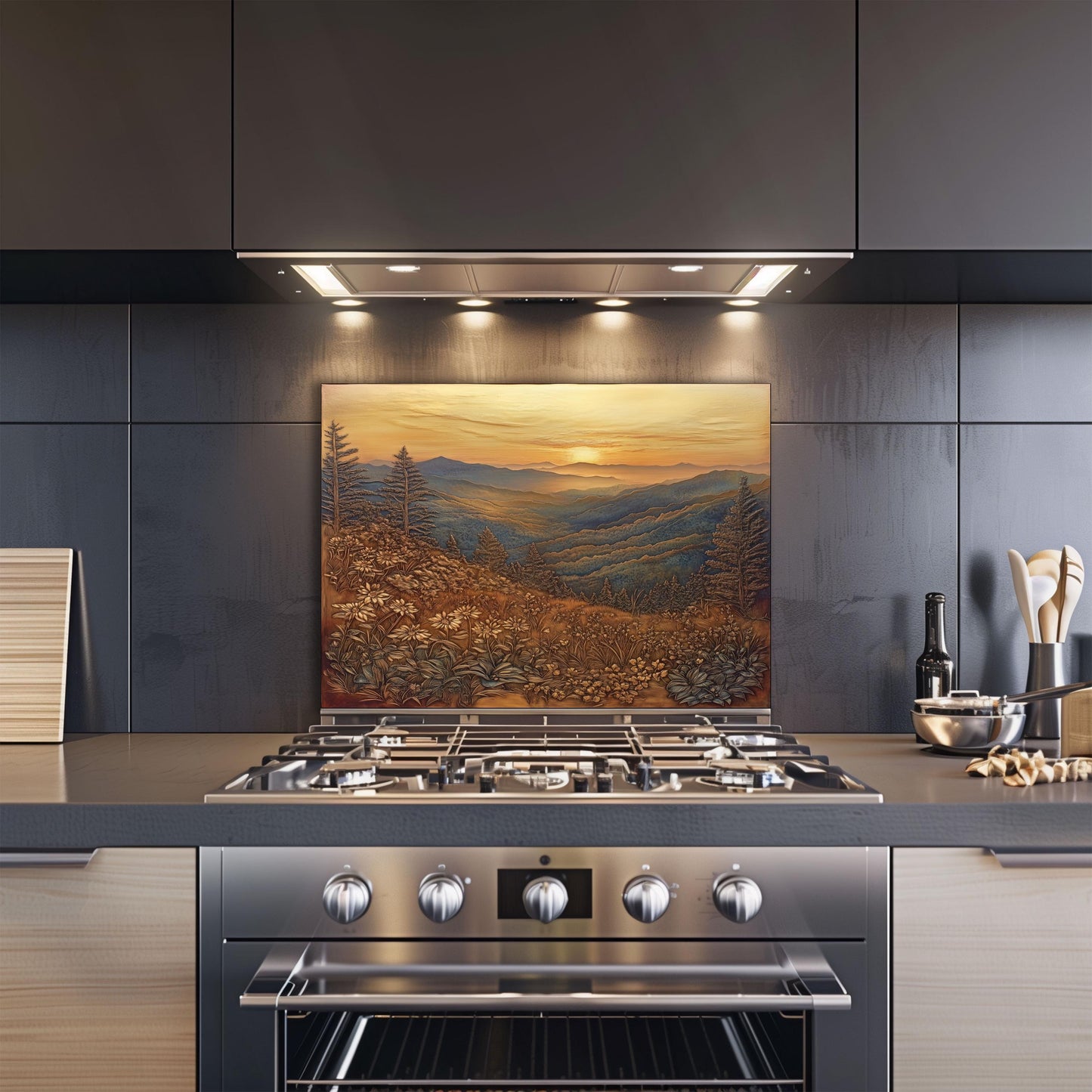 Rustic mountain design kitchen backsplash, heat-resistant copper effect tempered glass, easy clean wall protector, kitchen wall decor, nature landscape wall art, stove protector