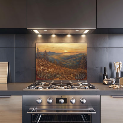Rustic mountain design kitchen backsplash, heat-resistant copper effect tempered glass, easy clean wall protector, kitchen wall decor, nature landscape wall art, stove protector