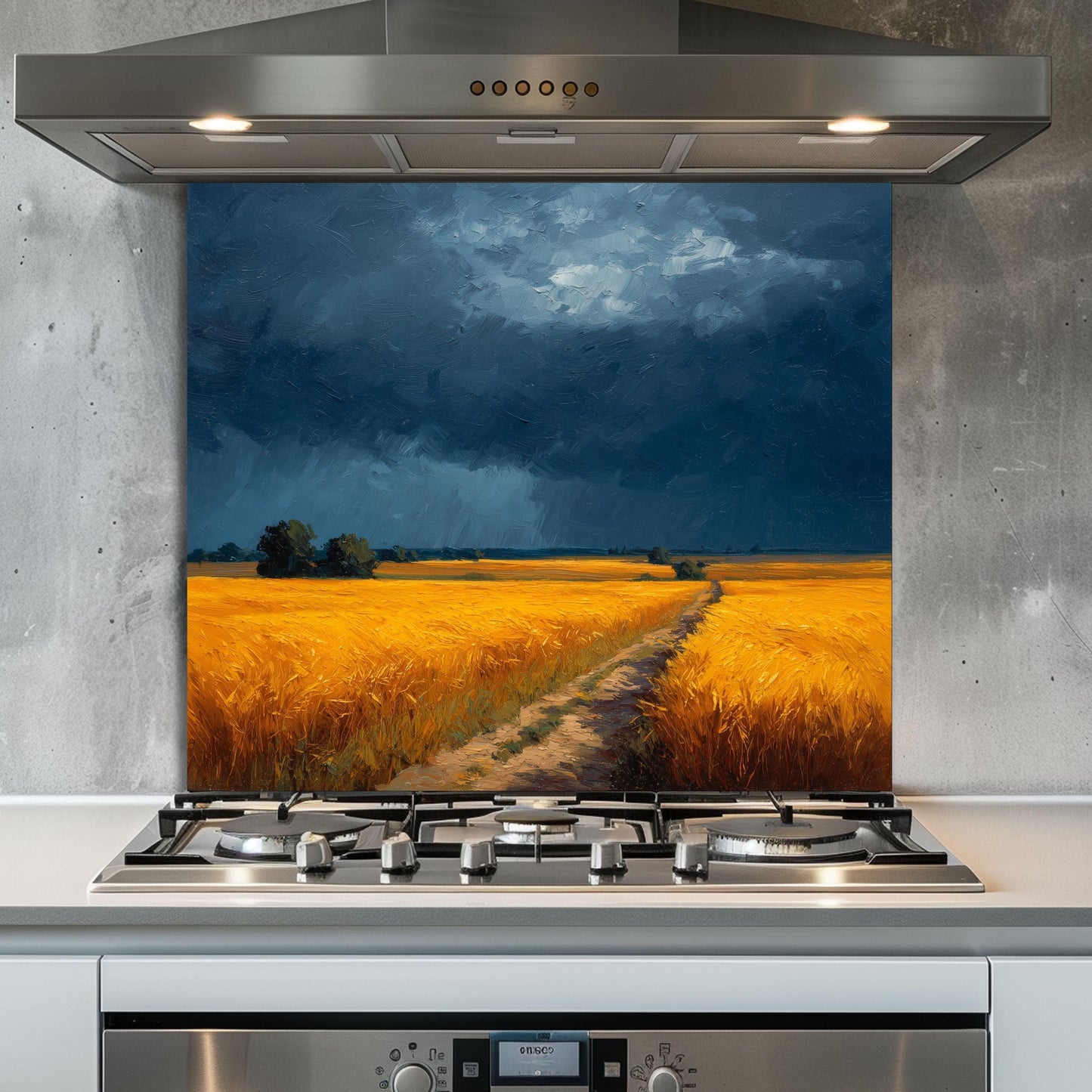 Golden Wheat Field Tempered Glass Backsplash: Farmhouse Kitchen Wall Art
