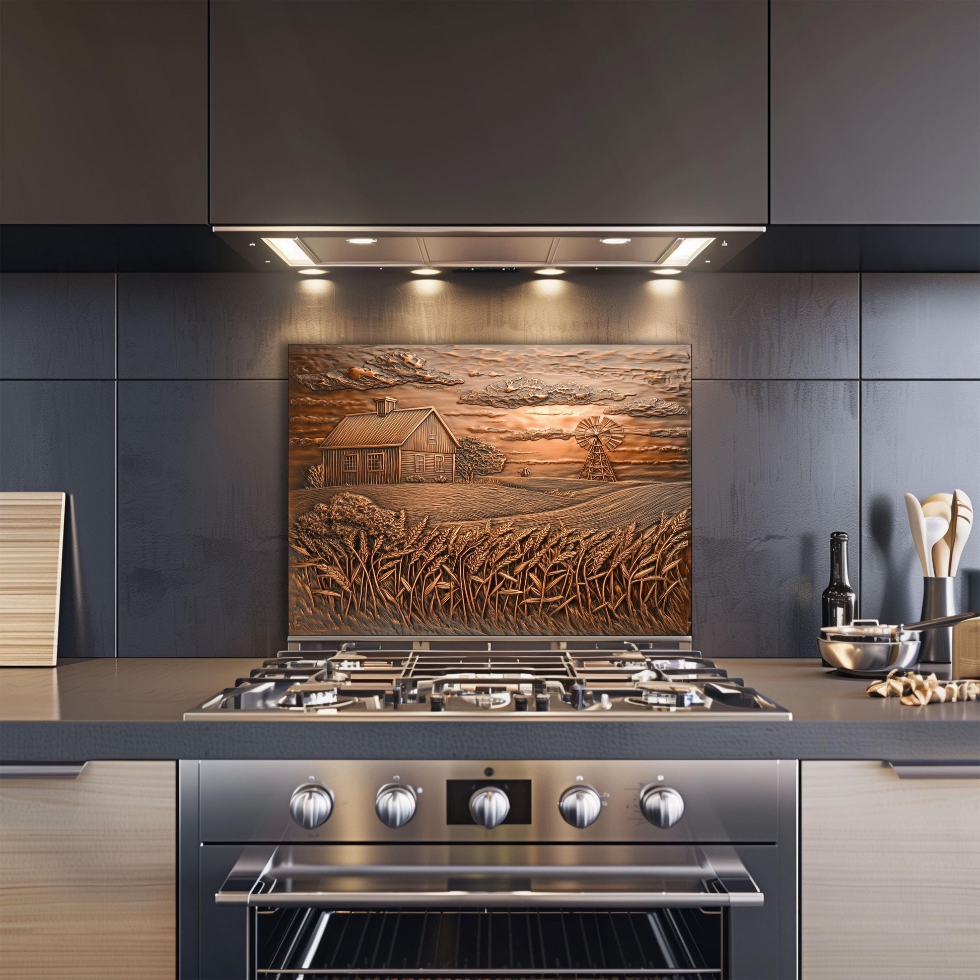 Copper Embossed Kitchen Backsplash: Farmhouse Windmill Tempered Glass