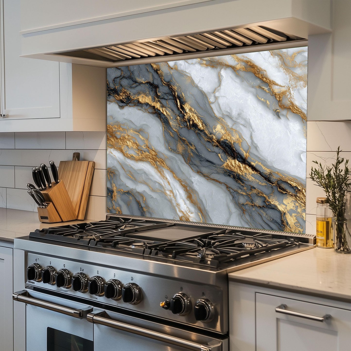 Black Gold Marble Glass Backsplash, Luxury Stone Stove Guard, Heat Resistant Easy Clean Art