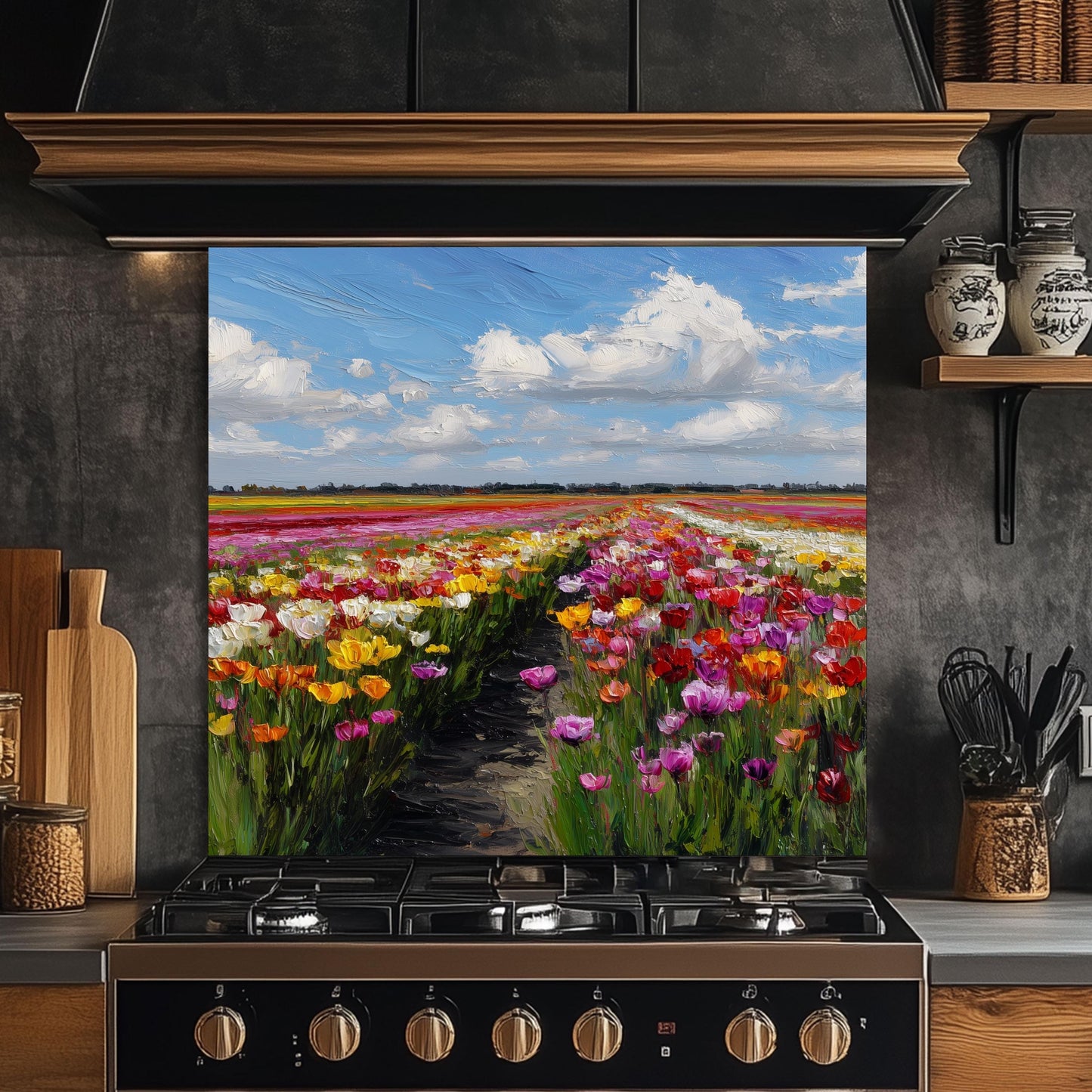 Colorful Tulip Field Kitchen Backsplash – Dutch Spring Landscape Tempered Glass Stove Splashback