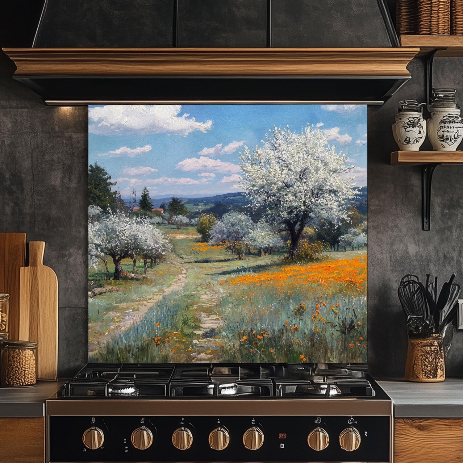 Spring Meadow Wildflower Kitchen Backsplash, UV Printed Tempered Glass Art, Custom Size Design