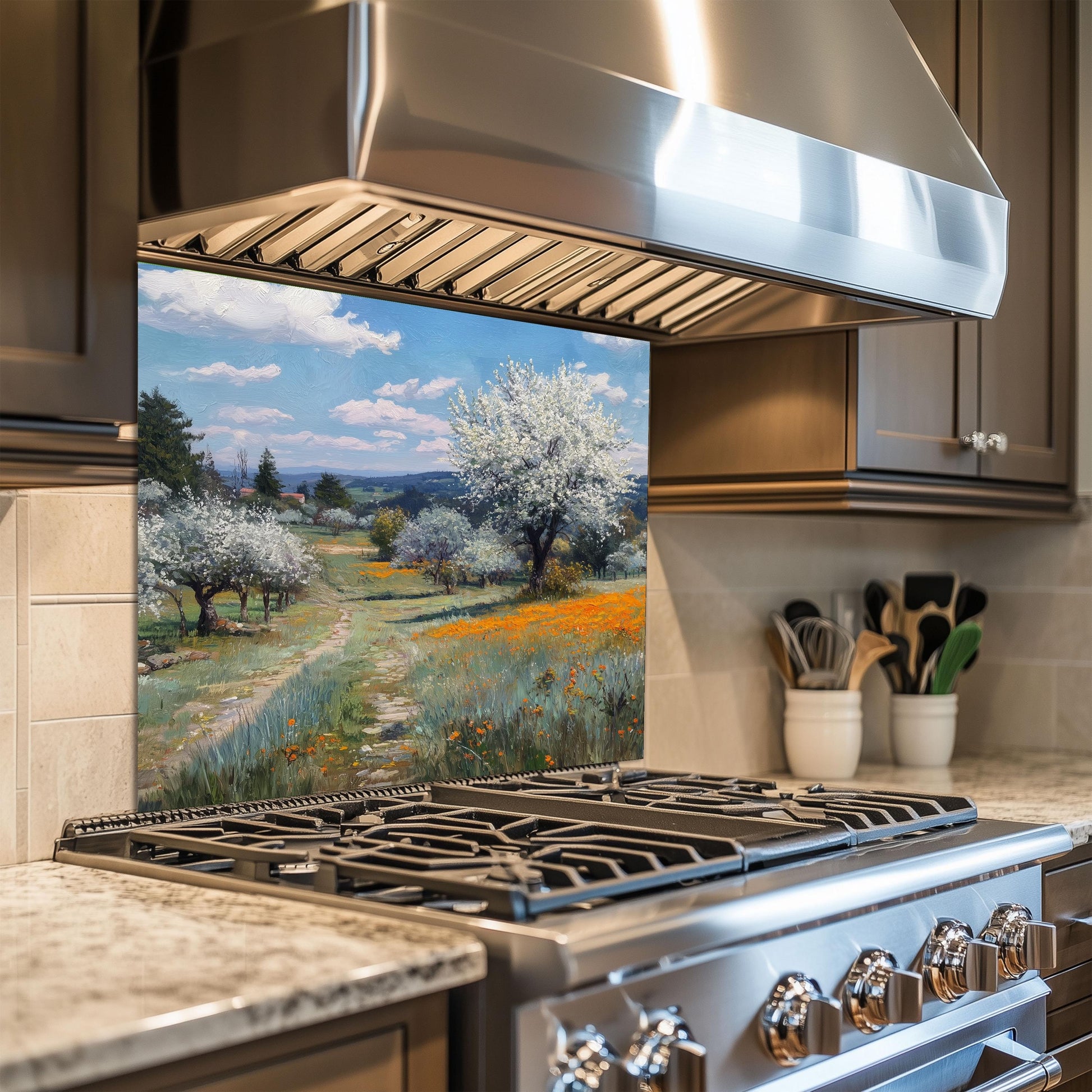 Spring Meadow Wildflower Kitchen Backsplash, UV Printed Tempered Glass Art, Custom Size Design