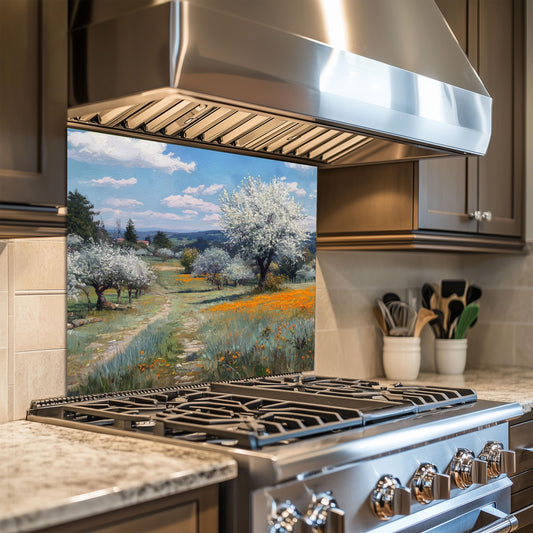 Spring Meadow Wildflower Kitchen Backsplash, UV Printed Tempered Glass Art, Custom Size Design