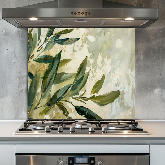 Olive Branch Kitchen Backsplash – Mediterranean Tempered Glass Splashback with Green Olive Leaves Design