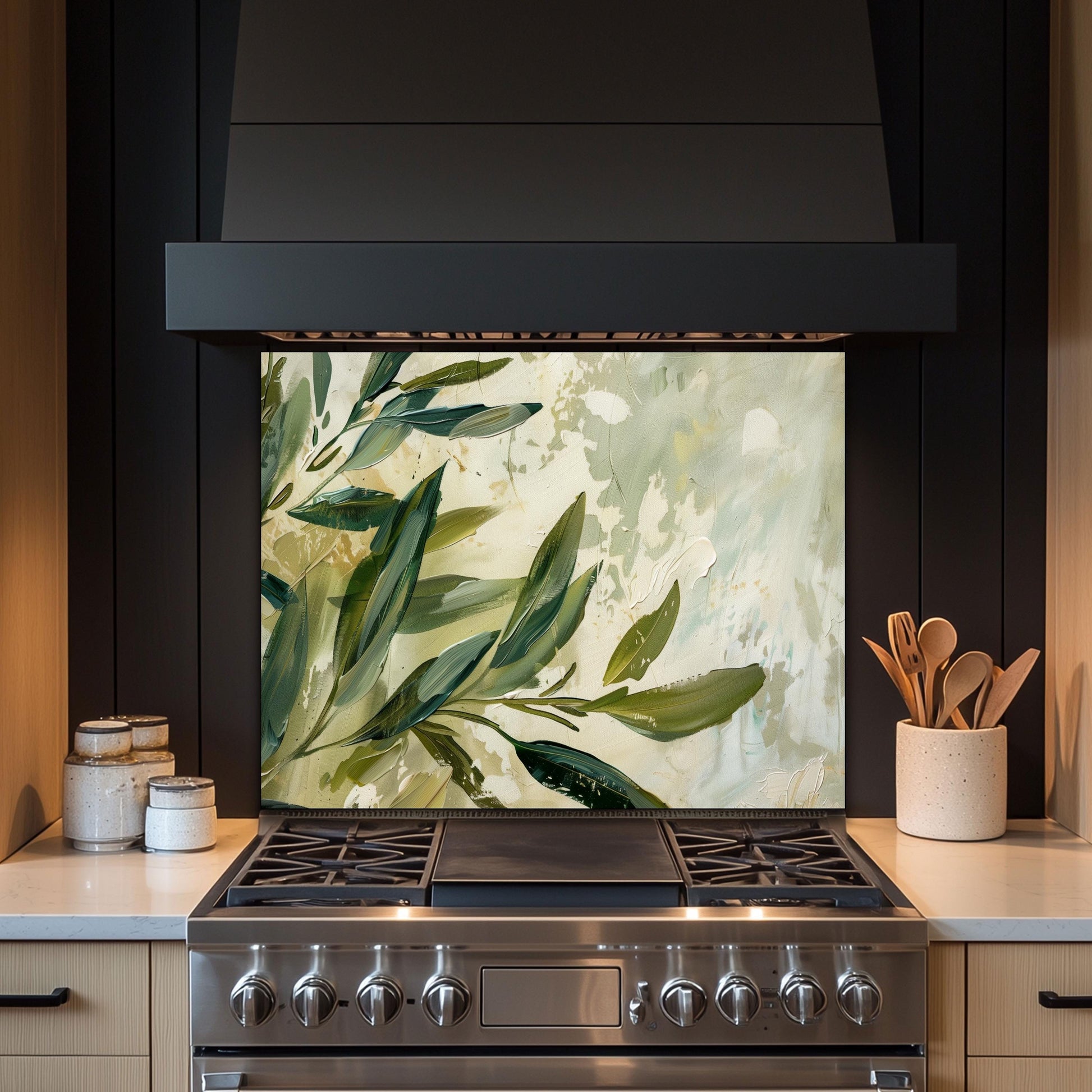 Olive Branch Kitchen Backsplash – Mediterranean Tempered Glass Splashback with Green Olive Leaves Design