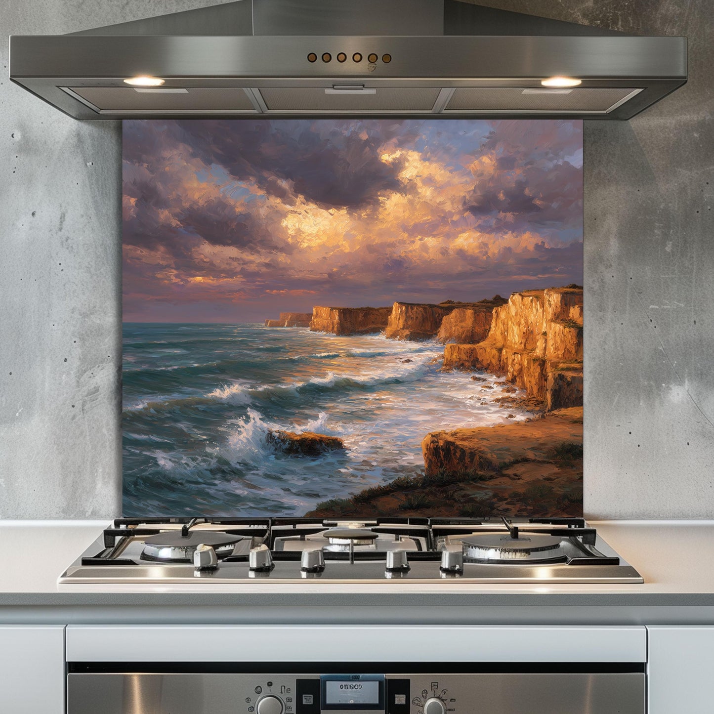 Ocean Cliff Sunset Backsplash - Tempered Glass Kitchen Splashback, Coastal Stove Wall Protector, Seascape Glass Panel for Kitchen