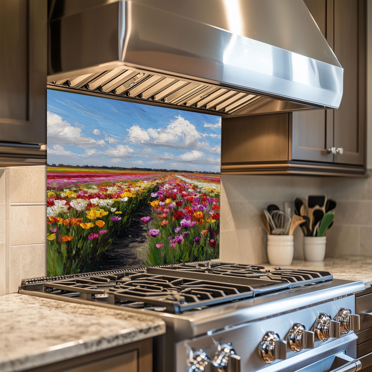 Colorful Tulip Field Kitchen Backsplash – Dutch Spring Landscape Tempered Glass Stove Splashback